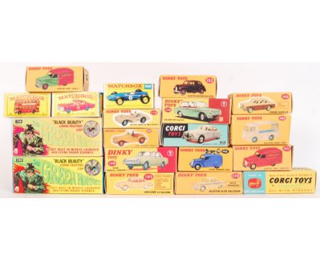 A collection of Dinky, Corgi & Matchbox reproduction diecast model car boxes to include; Green Hornet, 208 Jaguar, 195 Jaguar