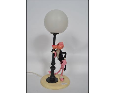 A vintage retro 20th century Pink Panther novelty lamp depicting the iconic character in a frilly cabaret jacket next to a la