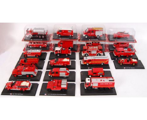 A collection of 20+ original 1:43 scale Del Prado diecast model Fire Engines in many designs and liveries. All sealed within 