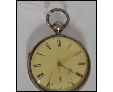 A silver hallmarked cased fusee key wind pocket watch with enamel dial having Roman numeral batons with a seconds subsidiary 