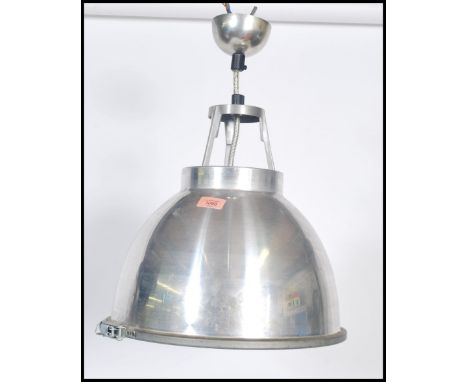 A set of 3 original 20th century BTC aluminium Industrial pendant lights / factory lighting. Each spherical shade with light 