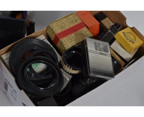 A large collection of vintage camera accessories to include a boxed Bush & Meissner 2.5x Zoom Slide Duplicator, lens accessor