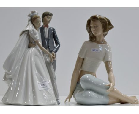 A LARGE NAO PORCELAIN DOUBLE FIGURINE - THE BRIDE &amp; GROOM, TOGETHER WITH ANOTHER LARGE NAO PORCELAIN FIGURINE ORNAMENT   