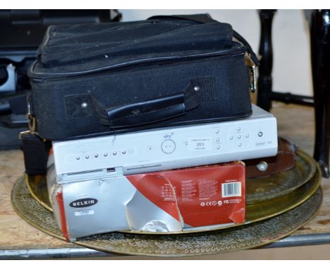 A VINTAGE CAMERA, VARIOUS BRASS TRAYS, SKY BOX, ROUTER, PROJECTOR ETC    