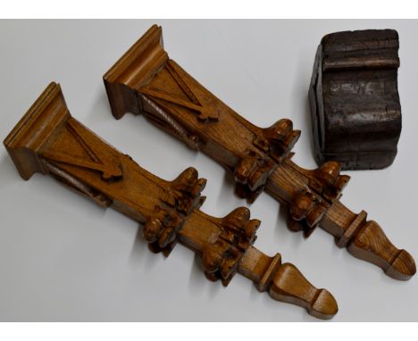A PAIR OF 19TH CENTURY CARVED OAK OBELISK SHAPED GOTHIC REVIVAL CHURCH STYLE POSTS, TOGETHER WITH AN OLD WOODEN BRACKET CLOCK
