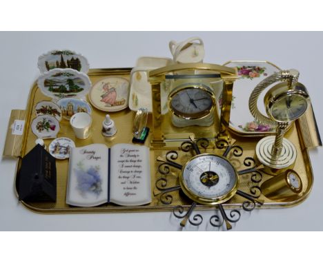 A TRAY CONTAINING A PAIR OF ROYAL ALBERT DISHES, VARIOUS CLOCKS, A BAROMETER, VARIOUS SOUVENIR DISHES ETC    