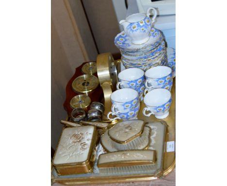 TRAY WITH VANITY SET, QUANTITY OF TEAWARE, MANTLE CLOCK, NAPKIN RINGS ETC    