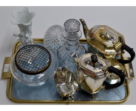 A TRAY CONTAINING A 4 PIECE EPNS TEA SERVICE, DECANTER WITH STOPPER, FIGURAL SPILL VASE, FLOWER BASKET ETC    