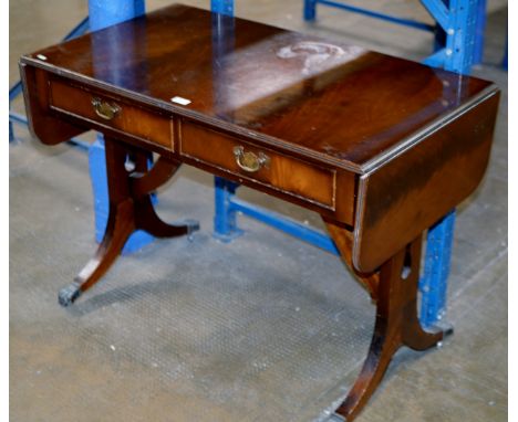 A REPRODUCTION MAHOGANY DROP LEAF SOFA TABLE WITH 2 DRAWERS    