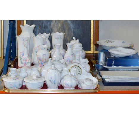 A LARGE COLLECTION OF MODERN AYNSLEY PORCELAIN INCLUDING VASES, LIDDED JARS, MANTLE CLOCK, PIN DISHES, SERVERS ETC    