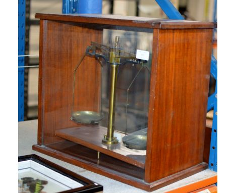AN OLD SET OF BALANCE SCALES IN GLAZED CASE    