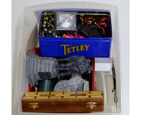 A BOX CONTAINING QUANTITY VARIOUS COSTUME JEWELLERY, MOBILE PHONES, CRIBBAGE GAME, CAITHNESS GLASS VASE, FIGURINE DISPLAY ETC