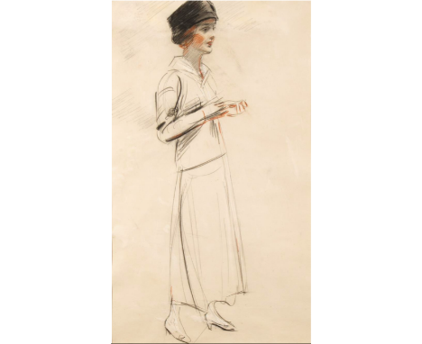 An early C20th crayon on paper of a Lady ‘Jeune femme debout’ By Paul Cesar Hellou glazed and framed (1859-1927) 73cm x 43.5c