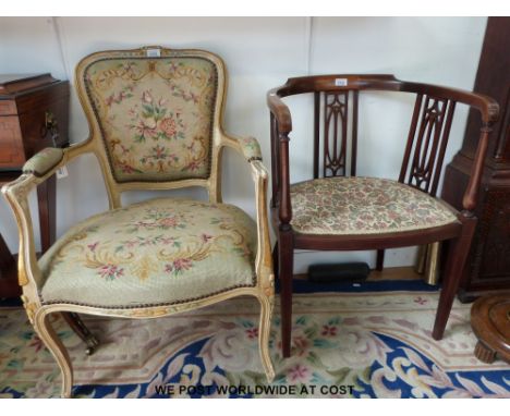 A burr walnut and boxwood inlaid mahogany chair raised on tapering legs together with a French style painted and gilt armchai