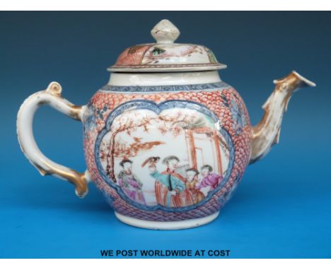 An 18thC Chinese Mandarin teapot with polychrome enamel figural decoration (15cm tall, 11cm diameter) 