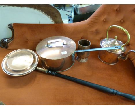A collection of copper ware to include large pan, bed warmer, kettle etc 