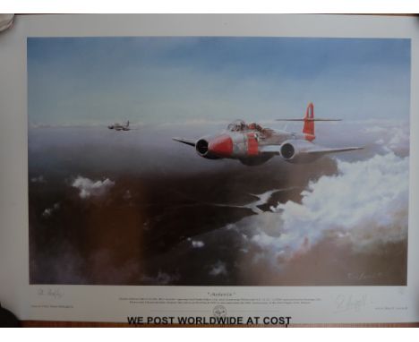 A Roy Lazett signed limited edition print (81/750) of a Gloster Meteor "Asterix" also signed by the pilot (42 x 60cm)