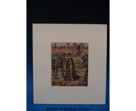 Original ink & watercolour of a medieval  queen in  decorative gown & cloak, in the company of three knights in front of a wa
