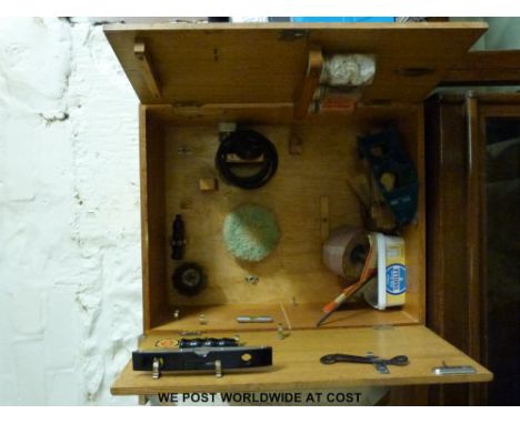 Vintage Black & Decker oak tool cupboard with fittings, sander, drill, sanding stones, plus Black & Decker saw table 