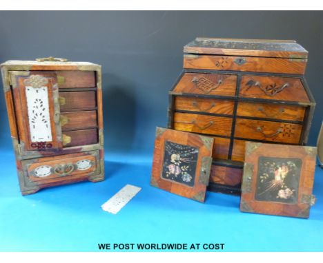 A Japanese parquetry inlaid collectors' cabinet together with a Chinese collectors' cabinet with inset carved jade panels