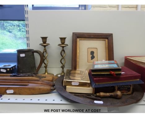 A collection of mixed treen to include early Victorian silhouette of a young girl, playing cards, cigarette lighter, bobbin s