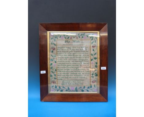 An early Victorian fine beadwork sampler in contemporary rosewood frame entitled 'My Wish'. A seventeen-line verse within a f