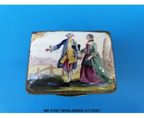 A George III enamel patch box with hinged lid, bearing decoration of two lovers walking hand in hand and floral cartouches to