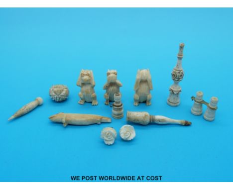 A collection of small ivory / bone items to include three wise monkeys and three miniature stanhopes including Baden Powell a