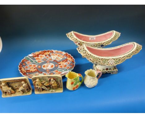 A pair of pierced oval jardinieres, probably by Zsolnay Pecs together with a Japanese Imari dish, Beleek jug etc. 