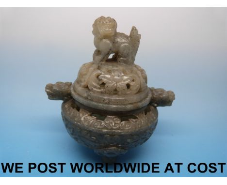 A Chinese jade reticulated tripod censer of spinach type with dragon head handle and Foo Dog finial (10cm tall) 