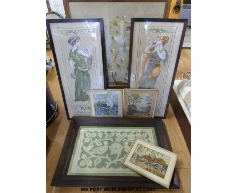 Four framed crewel works including a pair of part-painted ladies "Echo" and "Flora", a bird example and a fire screen etc
