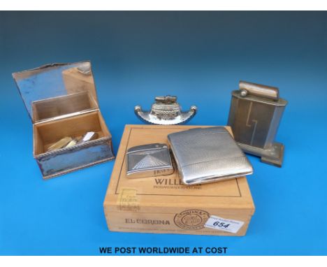 Sheffield plate trinket box with gadrooned decoration, Aristocrat chromium plated cigarette case, two lighters, an Art Deco s