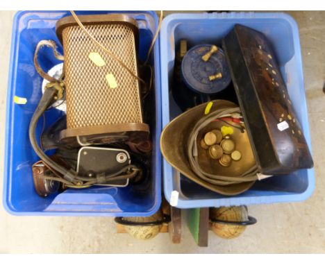 Mixed cameras, vintage aqualung depth master, various weights and scales, book ends etc