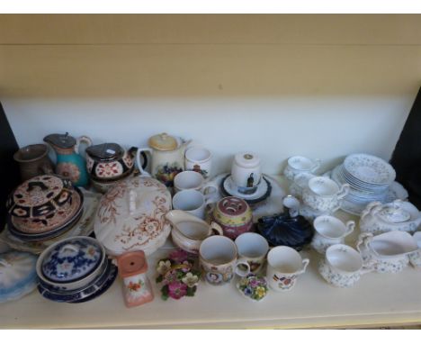 A collection of mixed ceramics including Arthur Wood, Poutney & Co., Surrey ceramics, Royal Albert part tea service etc (two 