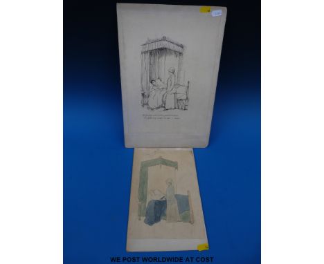 Mary V. Wheelhouse original pen & ink book illustration of female lying ill in bed with lady to her side (23x 13cm) together 