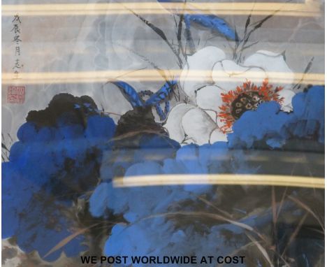 Lee Woon Ping painting of lotus flowers with gallery and artist information leaflet (50 x 60xm) 