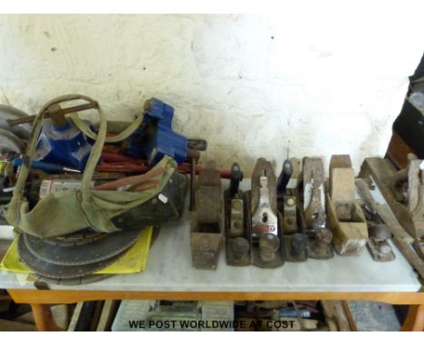 Three vintage wooden tool boxes containing a large variety of wood working and other tools includes Stanley planes, plasterer