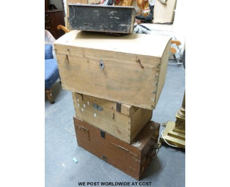 A pine dome topped trunk (w60cm) together with two other boxes and a metal box 