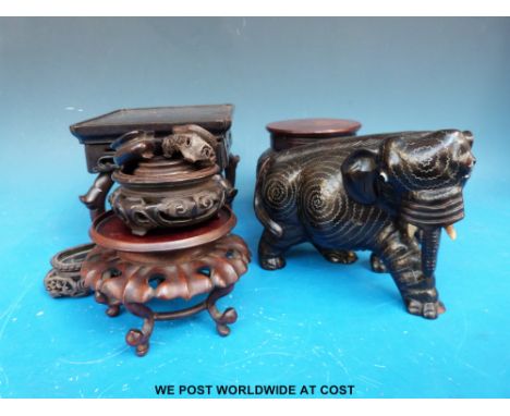 A collection of 18th/19thC Chinese rosewood stands and an inlaid silver Chinese rosewood elephant (largest stand 13 x 13 x13c