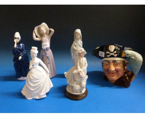 Royal Doulton Long John Silver D6335 character jug, together with two Lladro figures, a Royal Worcester figure, Royal Doulton