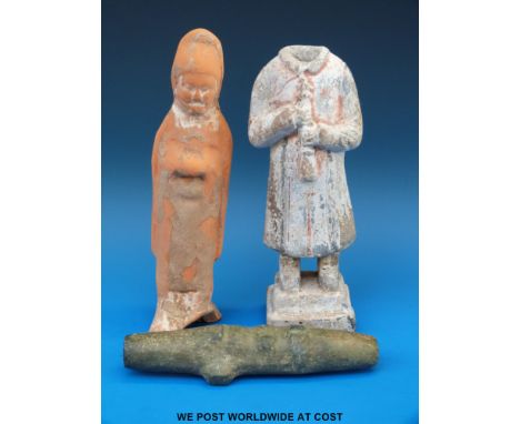 A Chinese Tang dynasty terracotta burial figure (22cm tall) together with a Chinese funerary figure (20cm tall) and a small t